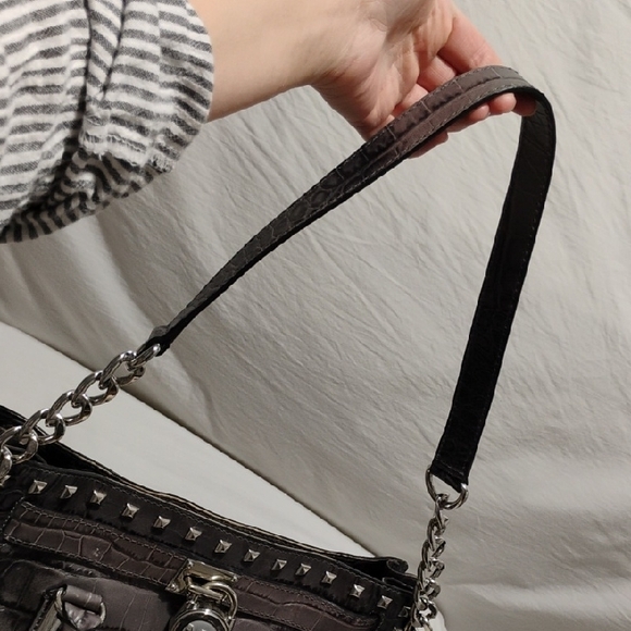 SALE! Michael Kors Hamilton Crocodile Embossed Silver Studded Tote Bag - Picture 7 of 16